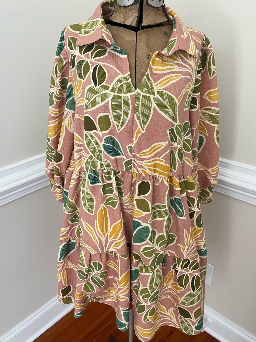 Tiered Collared Mini Dress in Blush Pink Leaf Print